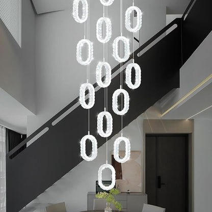 Large Ring Drop Chandelier for Stair Long Spiral Crystal Chandeliers for High Ceiling LED Crystal Ring Chandelier Dimmable 2700K-6000K 16-Light Silver