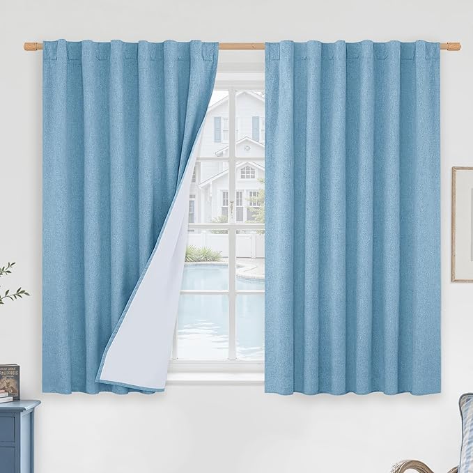 LAMIT Blue 100% Blackout Window Curtains for Boy Bedroom, 45 Inches Linen Textured Thermal Farmhouse Curtains Back Tab and Rod Pocket Window Panels with White Liner, 2 Panels, 52 x 45 Inch
