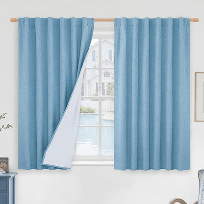 LAMIT Blue 100% Blackout Window Curtains for Boy Bedroom, 45 Inches Linen Textured Thermal Farmhouse Curtains Back Tab and Rod Pocket Window Panels with White Liner, 2 Panels, 52 x 45 Inch