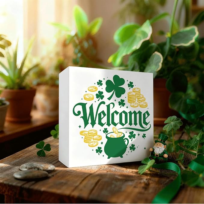 St. Patrick's Day Welcome Decor Wooden Box Sign, Pot of Gold Shamrock Tabletop Welcome Sign for Home Entryway Shelf Desk, Festive Farmhouse Holiday Wooden Decor Irish Theme 5 x 5 Inches