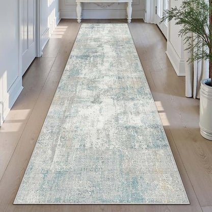 2x8 Washable Runner Rug Blue Cream Abstract Hallway Kitchen Throw Rug Neutral Modern Non Slip Soft Low Pile Lightweight Carpet for Bathroom Laundry Bedroom Living Room