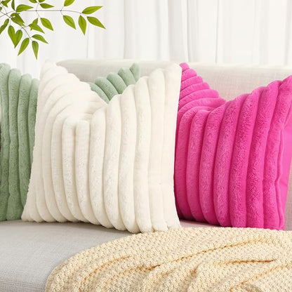 decorUhome Faux Fur Spring Throw Pillow Covers 20x20 Set of 2, Decorative Soft Plush Striped Neutral Couch Pillow Covers with Velvet Back for Sofa, Bed, Living Room Home, Hot Pink