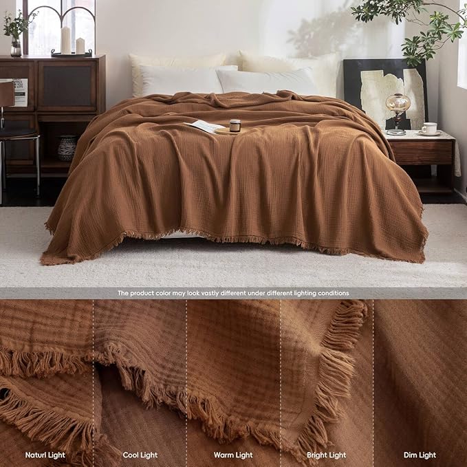 FOSSA Muslin Blanket with Fringe - 4-Layer 100% Cotton Gauze Super Soft & Breathable Throw -Lightweight Decorative Cooling Blanket for Bed, Sofa, Office -Twin XL Size 66" × 90" (Dark Orange)
