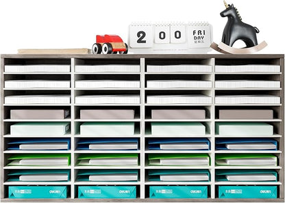 TQVAI Literature Organizer, Heavy Duty 36 Compartments Countertop Mail Organizer with Adjustable Shelves, Wooden Desk Paper Storage Organizer, Mailboxes Cubbies for Office, Classroom, Retro Grey/White