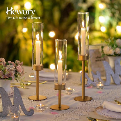 Hewory Gold Candle Holders - 6Pcs Brass Hurricane Candlestick Holders with Glass Candle Cover for Wedding Table Centerpiece Christmas Decor