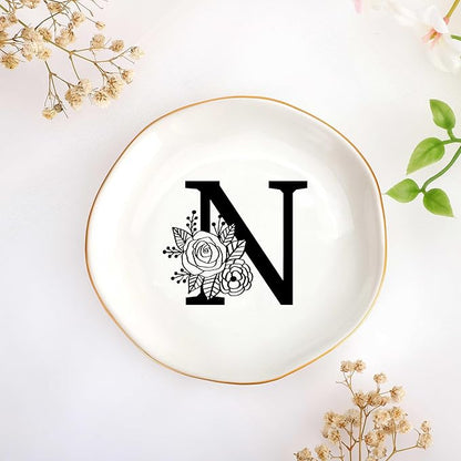 JoycuFF Initial N Ceramic Jewelry Tray, Bridesmaid Bride Gifts, Mothers Day Christmas Anniversary Engagement Birthday Gifts for Women Couples, Trinket Dish for Rings Earrings Necklaces Bracelets Keys