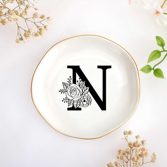 JoycuFF Initial N Ceramic Jewelry Tray, Bridesmaid Bride Gifts, Mothers Day Christmas Anniversary Engagement Birthday Gifts for Women Couples, Trinket Dish for Rings Earrings Necklaces Bracelets Keys