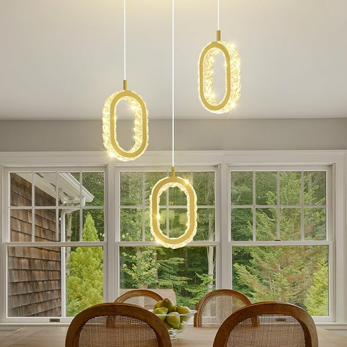 Dimmable Oval Ring Pendant Light Modern LED Crystal Ring Chandelier for Dining Room Bedroom Living Room Pendant Lights for Kitchen Island Adjustable 3-Light Gold