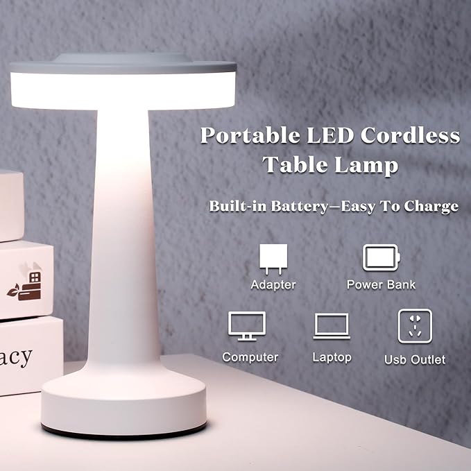 Riakrum 4 Pcs LED Portable Cordless Table Lamp with Touch Sensor 3 Color Stepless Dimming Rechargeable Battery up to 15 Hours Cordless Table Light Wireless Lamp for Nursery (White)