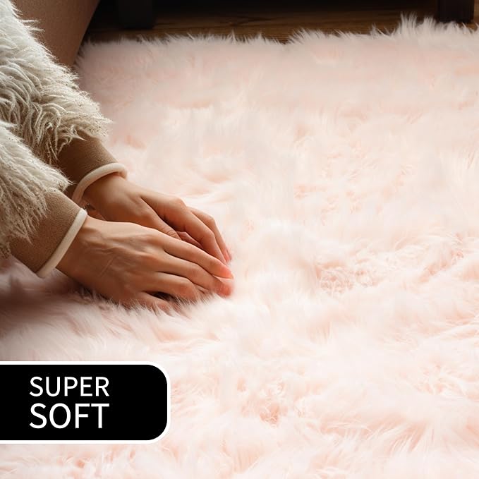 Super Area Rugs Ultra Soft & Fluffy Faux Sheepskin Rug, Light Pink 5 X 5 Round Carpet for Bedroom Living Room