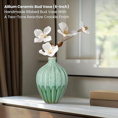 Torre & Tagus 6" Reactive Glaze Ceramic Green Bud Vase - Mint Green Two-Tone Handmade Textured Vases for Home Decor & Flowers as Small Decorative Accents for Coffee Table & Shelf (Allium 6 Inch Vase)