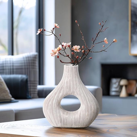 Torre & Tagus White Donut Vase for Flowers - 9 Inch Tall Textured Vases for Centerpieces, Sculptures Home Decor & Abstract Sculptures Home Decor for Shelf Decor Aesthetic (Alma White Flower Vase)