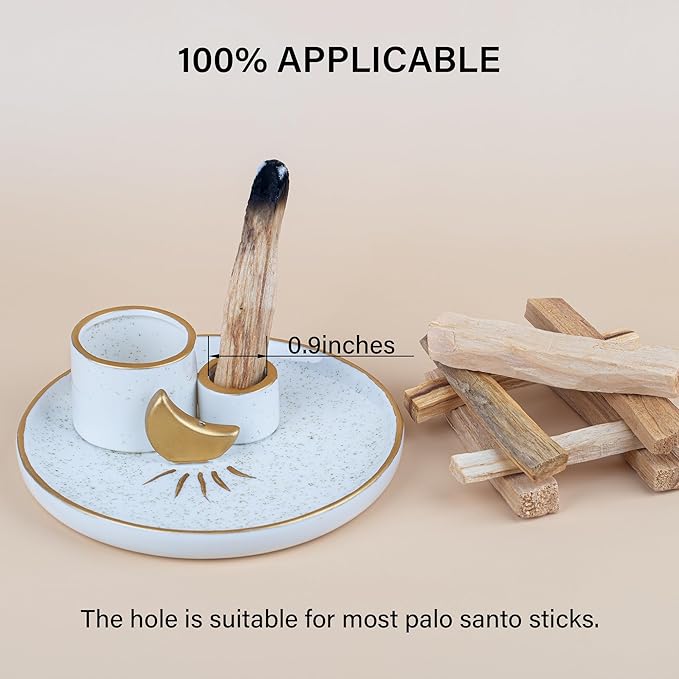 ZenBless Multifunction Incense and Candle Holder for Burning Sage, Palo Santo, Incense Sticks - 5.9" Ceramic Ash Catcher Tray for Meditation Room Home Decor (Gold)