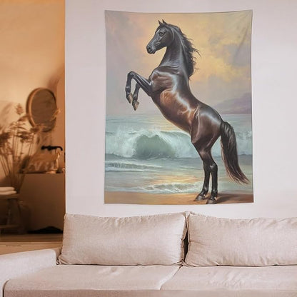JYOUQOC Horse Animal Stands On The Beach Tapestry Flag Backdrop Wall Hanging Large Wall Art Decor for Dorm Office Bedroom Living Room 60"×80"