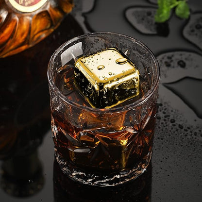 2 Large 64cm³ Whiskey Stones - Reusable Stainless Steel Metal Ice Sphere Cubes Beverage Chilling Rocks Whiskey Stones for Red Wine, Bar Beer, Scotch, Vodka Drinks - Gold