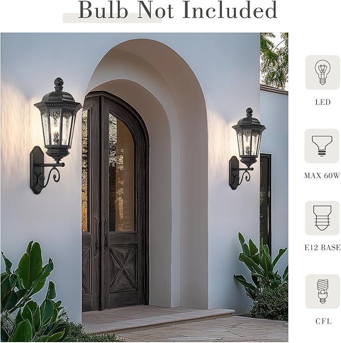 Emliviar Farmhouse 39 Inch Exterior Wall Light Fixture, 3-Light Outdoor Porch Light Wall Mount in Black Finish, Water Ripple Glass, E12, XE304B BK-SW
