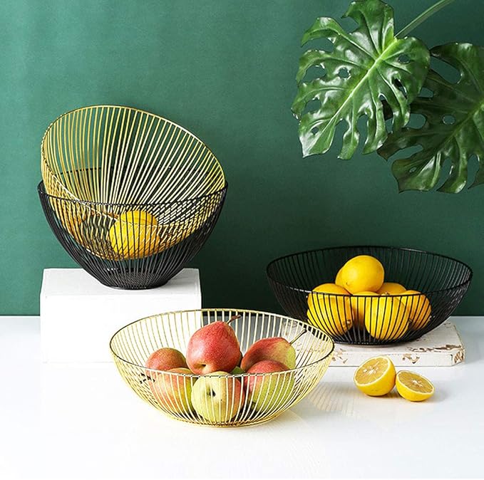 IBWell Black Wire Fruit Basket Fruit Bowl Kitchen Fruit Basket Stand Fruit Bowls for the Counters Metal Fruit Bowl (Round-Normal)