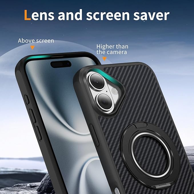 Mag-Stand Carbon Fiber Case for iPhone 17, 360° Rotate Magnetic Stand, Compatible with MagSafe, 15FT Military Protection, Slim Shockproof Magnetic Kickstand Mag Phone Case for Men Women Black