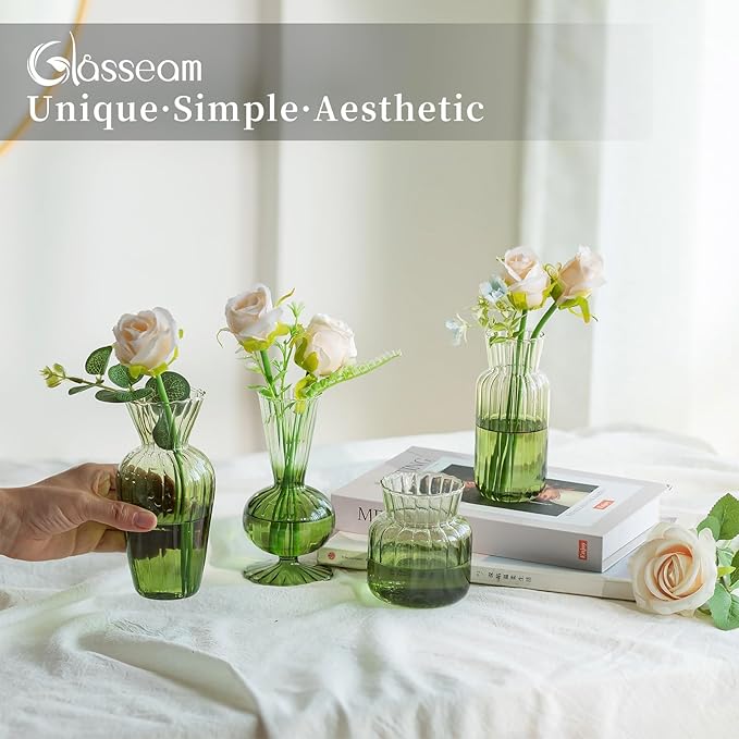 Glasseam Glass Bud Vase for Flowers: Green Small Vases for Centerpieces Modern Handmade Mini Vase for Wedding Party Table Home Decor Unique Decorative Ribbed Flower Vase Set of 8