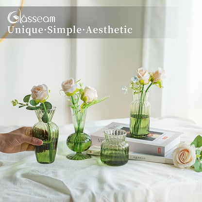 Glasseam Glass Bud Vase for Flowers: Green Small Vases for Centerpieces Modern Handmade Mini Vase for Wedding Party Table Home Decor Unique Decorative Ribbed Flower Vase Set of 8