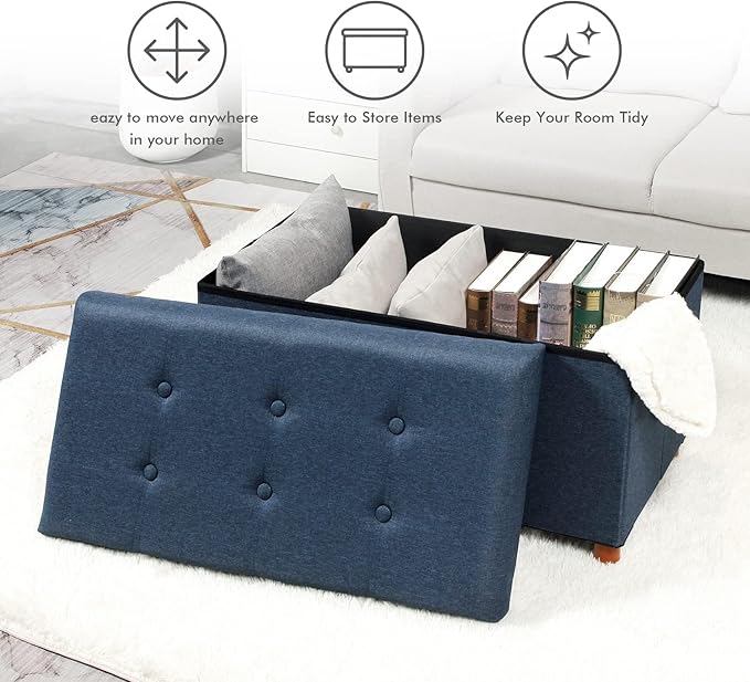 PINPLUS Linen Coffee Table Ottoman with Tray, Large Storage Bench with Wooden Legs, Chest Foot Stools, Ottomans for Living Room Bedroom, Blue, 30" x 15" x 15"
