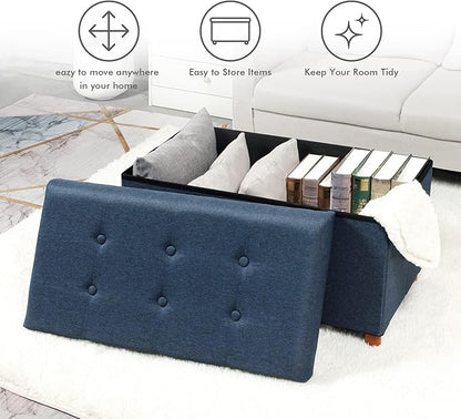 PINPLUS Linen Coffee Table Ottoman with Tray, Large Storage Bench with Wooden Legs, Chest Foot Stools, Ottomans for Living Room Bedroom, Blue, 30" x 15" x 15"