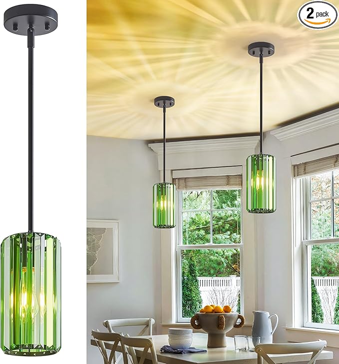 Modern Crystal Pendant Light Mini Dark Green Chandeliers Adjustable Pendant Lights Fixture for Kitchen Island Dinning Room Corridor Bedroom(Dark Green 2-Pack)