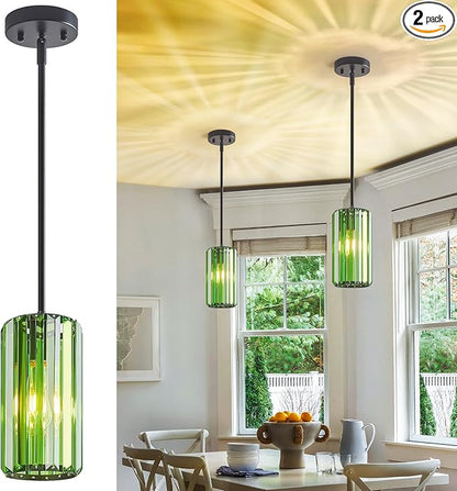 Modern Crystal Pendant Light Mini Dark Green Chandeliers Adjustable Pendant Lights Fixture for Kitchen Island Dinning Room Corridor Bedroom(Dark Green 2-Pack)