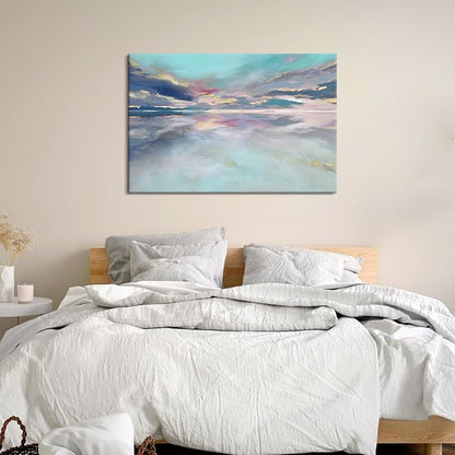 Goldfoilart Beach Abstract Wall Art Teal Green and Gold Decor Ocean Canvas Pictures Painting Framed Artwork for Living Room Bedroom Office Decorations 36"x24"