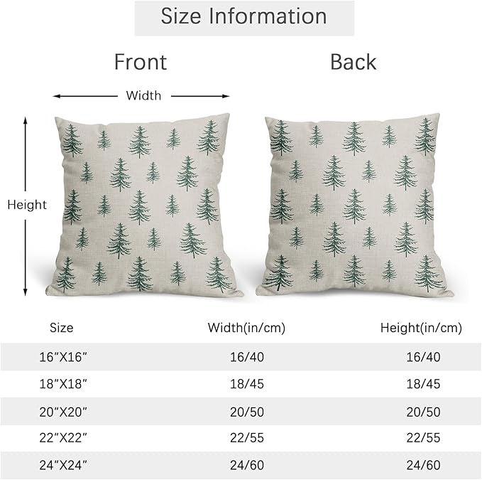 Christmas Tree Pillow Covers 16x16 Set of 2 Green Xmas Vintage Winter Print Decorative Outdoor Linen Zipper Throw Pillows Cases Cushion Cover Rustic Holiday Decoration Farmhouse Sofa Couch Bed Decor