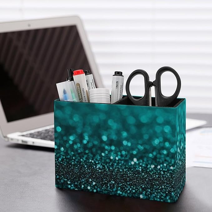Fashion Desk Pen Holder PU Leather Desk Organize Decor, Makeup Brush Storage Teal Turquoise Green Glitter Sparkle Texture