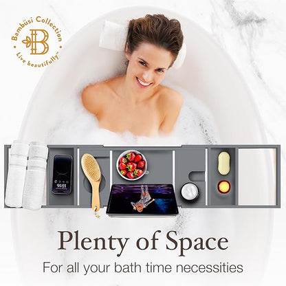 Wooden Bathtub Tray - Foldable & Expandable Bamboo Bath Tray for Tub with Wine Holder, Book & Tablet Stand - Bath Caddy Tray for Bathtub, Spa Bath Accessories, Tub Tray Table, Gift Idea for Her (Gray)