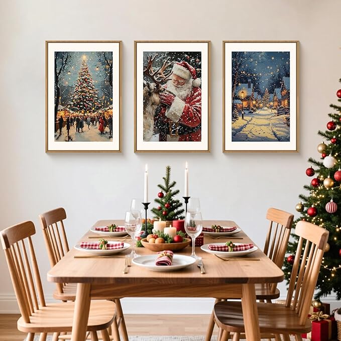 Aryroi Large Enchanting Christmas Framed Canvas Wall Art Set,Santa Claus Reindeer Wall Decor,Magical Glowing Christmas Tree Artwork,Winter Snowy Village Art Print for Living Room,Bedroom- 16"x24"x3