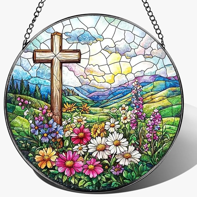 8 Inch Stained Glass Cross Suncatcher for Window Hanging, Stained Glass Windows Hanging Religious Gifts for Women, Sun Catcher for Home Garden Decor, Baptism, Memorial (Cross & Wildflowers)