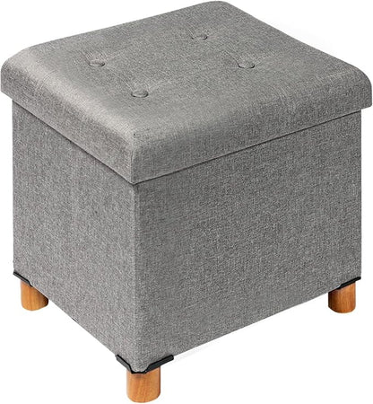 PINPLUS Storage Ottoman Cube, White Linen Footrest with Wooden Legs, Foldable Fabric Footrest, Comfortable Seat with Lid, Ottoman with Storage for Living Room, 15" x 15" x 15"，Grey