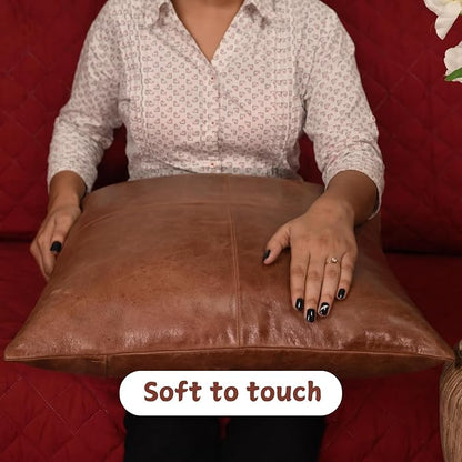 Lambskin Leather Pillow Cover - Sofa Cushion Case - Decorative Throw Covers for Living Room & Bedroom, 20x20 Inches - Tan & Brown Plain Pack of 1