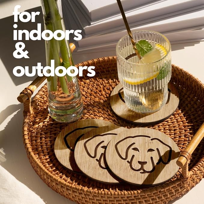 Set of 6 Bamboo Coasters with Holder - 3.9 Inch Fun Dog Coasters - Non-Stick Absorbent Engraved Laser-Cut - Durable, Washable (Labrador)