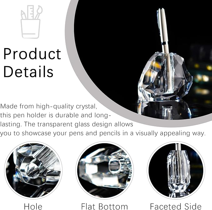 QFkris Crystal Heart Shaped Single Pen Holder for Desk, Glass Feather Pencil Holder for Office Desktop Decoration, 3.5" Fancy Fountain Pen Stand, Christmas Gift for Man