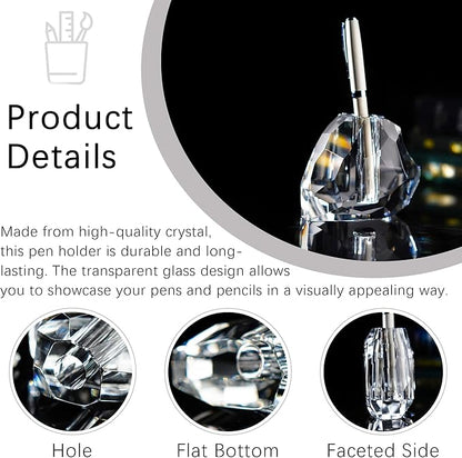 QFkris Crystal Heart Shaped Single Pen Holder for Desk, Glass Feather Pencil Holder for Office Desktop Decoration, 3.5" Fancy Fountain Pen Stand, Christmas Gift for Man