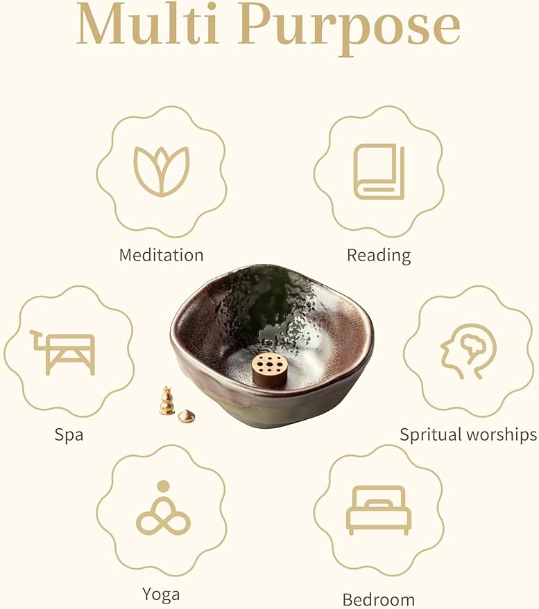 4 in 1 Incense Holder with 3 Different Incense Sockets, 4.25 Inch Incense Burner, Unique Round Shape Incense Holder for Sticks, Ceramic Incense Stick Holder for Meditation, Yoga, Rose Gold