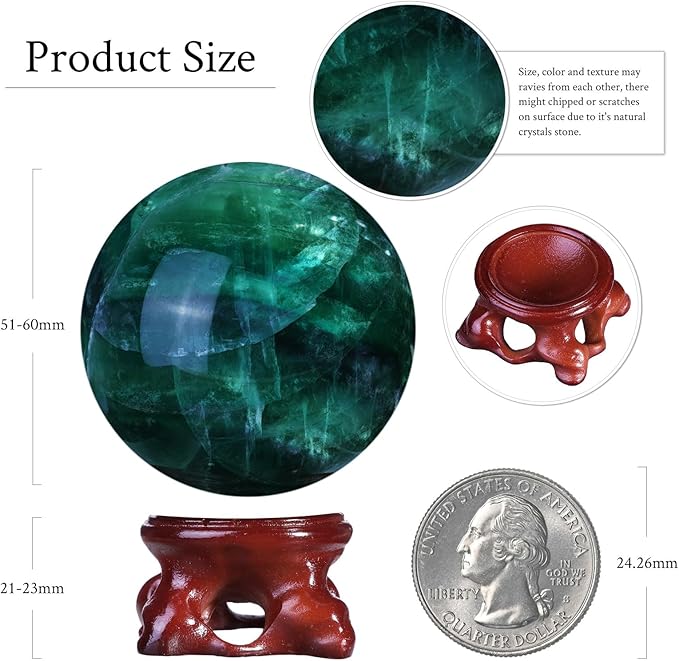 mookaitedecor Natural Fluorite Crystal Ball with Resin Stand, Decorative Stone Sphere Ball for Feng Shui Meditation Divination Home Decor, 2-2.36 Inch (51-60 mm)