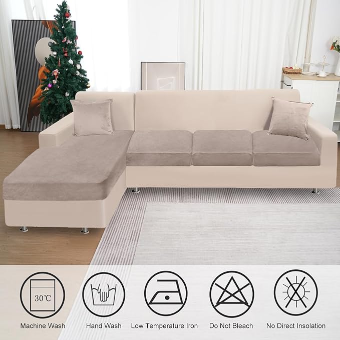 Sectional Couch Covers for 4-Piece Seat Cushion Velvet Separate L Shape Couch Cover Stretch Sofa Slipcover with 2 Pieces Pillowcases Furniture Protector (Sofa 3 Seater + 1 Chaise, Tan)
