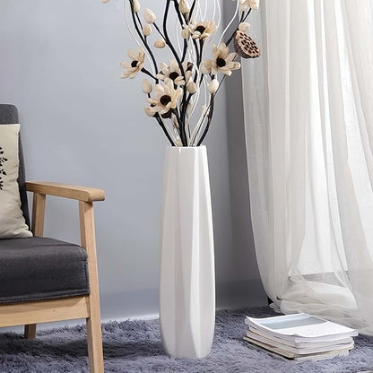 White Ceramic Floor Vase 28" – Origami Farmhouse Porcelain Tall Vase for Living Room & Office