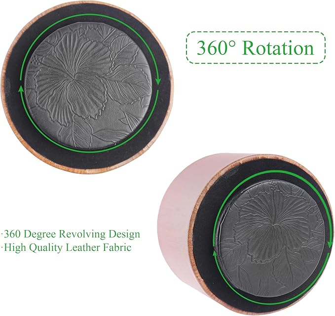 Round Leather Art Supply Organizer,Remote Control Holder,360 Degree Spinning,Multi-Functional Pencil Holder,4 Compartments Desktop Stationary Organizer(1-Thin Wood Ligh Brown)