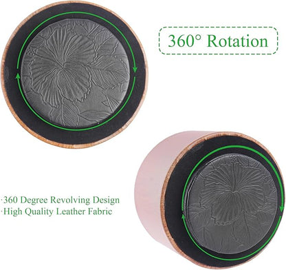Round Leather Art Supply Organizer,Remote Control Holder,360 Degree Spinning,Multi-Functional Pencil Holder,4 Compartments Desktop Stationary Organizer(1-Thin Wood Ligh Brown)