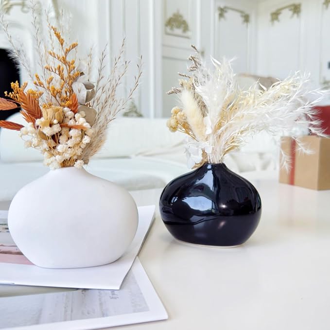 Black and White Ceramic Vase Set of 2, Cute Oval Ceramic vases, Small Modern Home Decor Flower Vase, vases for centerpieces, Bud vases for Decor, Farmhouse Small Ceramic vases Set