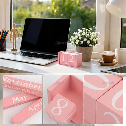 AUEAR, Wooden Block Perpetual Desk Calendar Desktop Cube Rustic Chic Number for Home Office Decoration (Pink, 1 Pack)