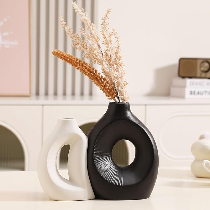 Ceramic Vase Set of 2 - Handcrafted Ceramic Vases for Home Decor & Shelf - Modern Farmhouse Decor for Kitchen, Office, Bedroom & Living Room Decorative Objects for Mantel, Table Centerpieces