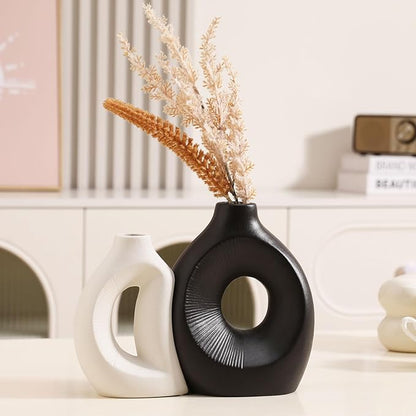 Ceramic Vase Set of 2 - Handcrafted Ceramic Vases for Home Decor & Shelf - Modern Farmhouse Decor for Kitchen, Office, Bedroom & Living Room Decorative Objects for Mantel, Table Centerpieces