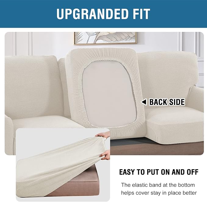 H.VERSAILTEX Multi-Pieces Sofa Covers Stretch Couch Covers Form Fitted Seats and Back Cushions Covers (2 Seat Covers Plus 2 Back Cusion Covers, Bonus 2 Armrest Covers), Ivory